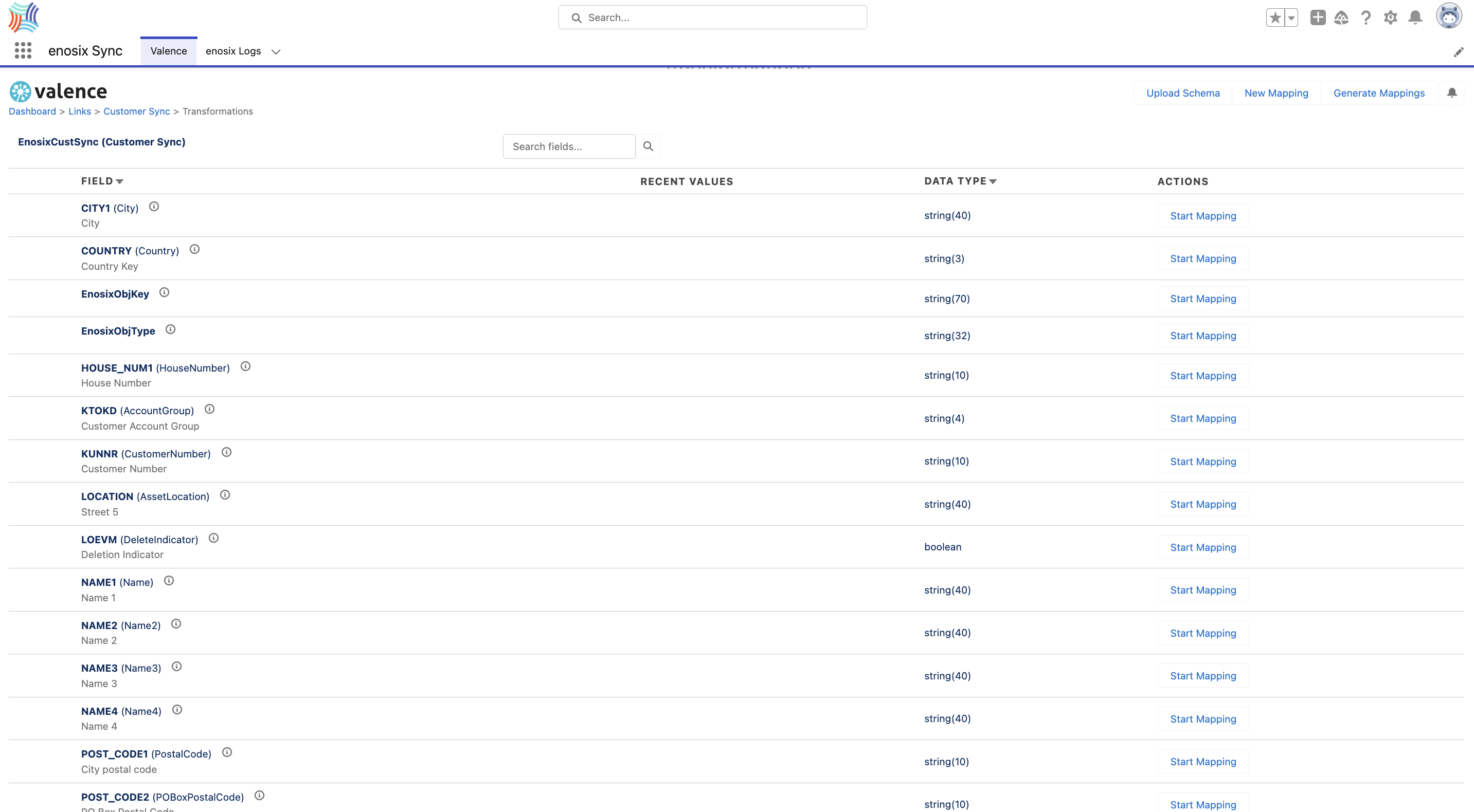 Source schema screen